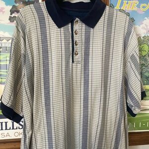 Vintage DR Classics Polo Shirt Mens XL Blue Striped Pattern Cotton Short Sleeve